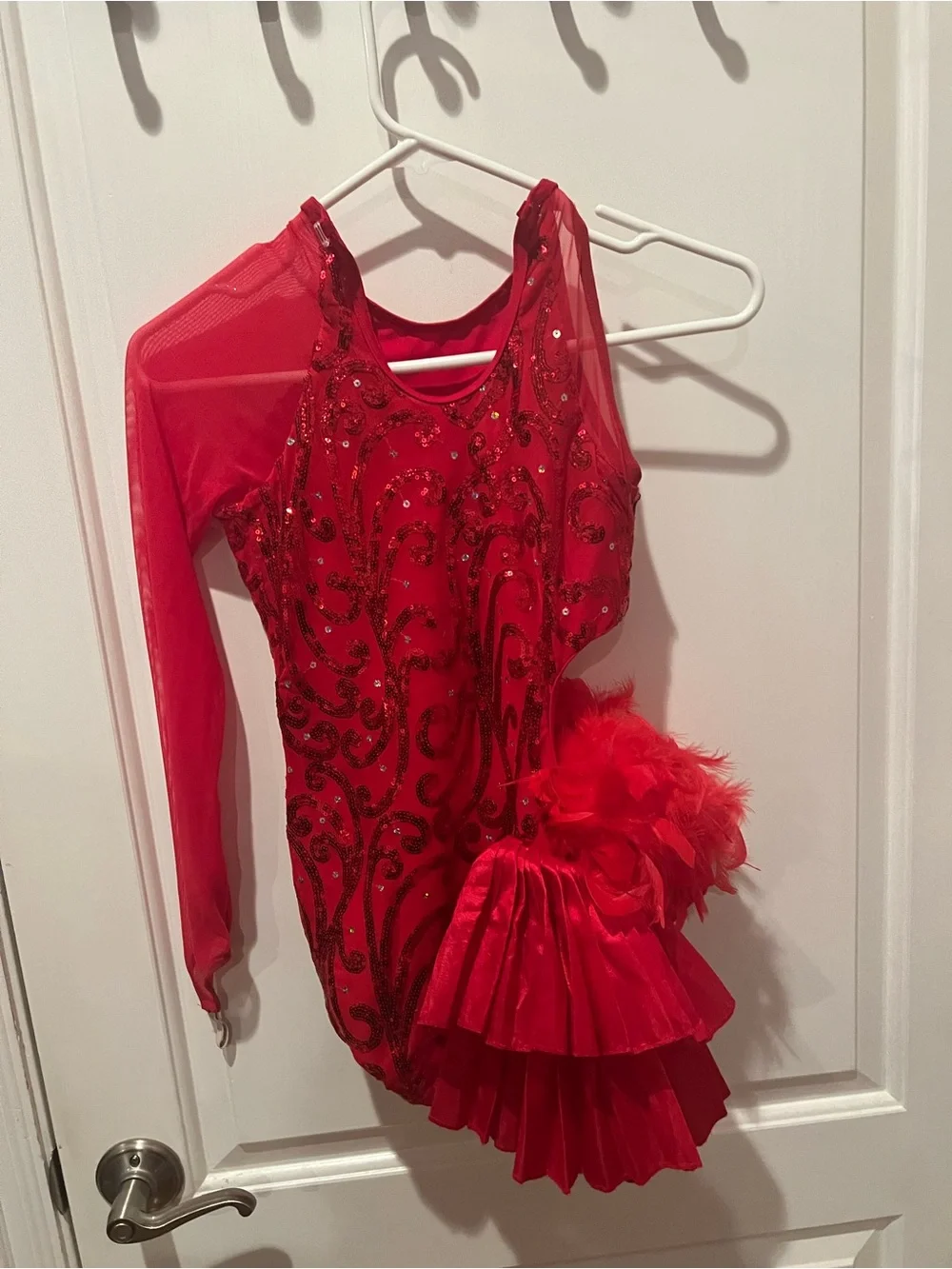 Weissman Red Sequin Ruffle Dance Costume with Feather Accent
